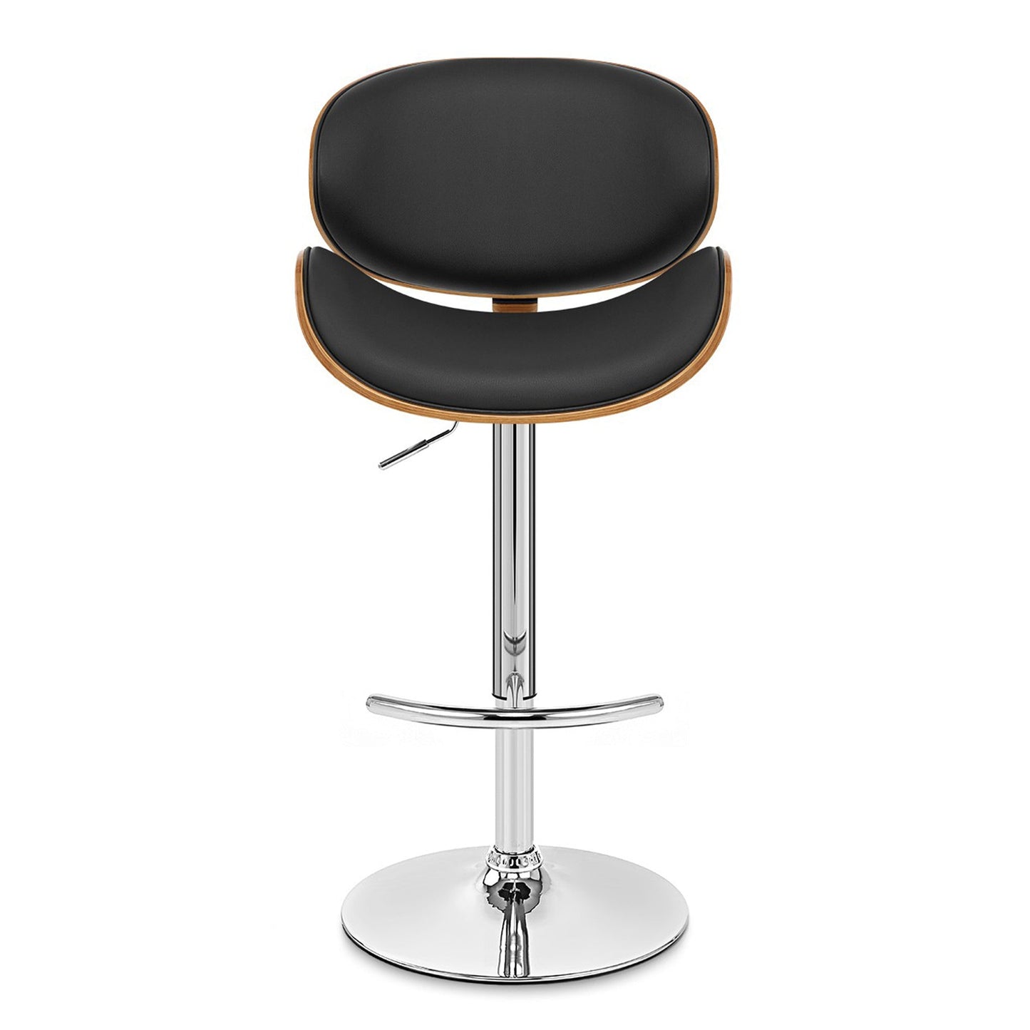 Naples Black Faux Leather Adjustable Height Swivel Walnut Wood and Chrome Base Bar Stool