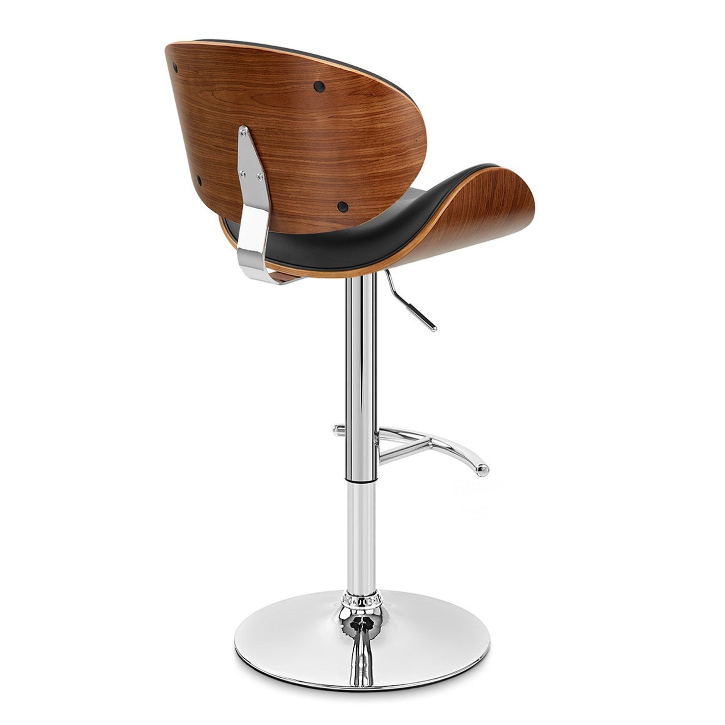 Naples Black Faux Leather Adjustable Height Swivel Walnut Wood and Chrome Base Bar Stool