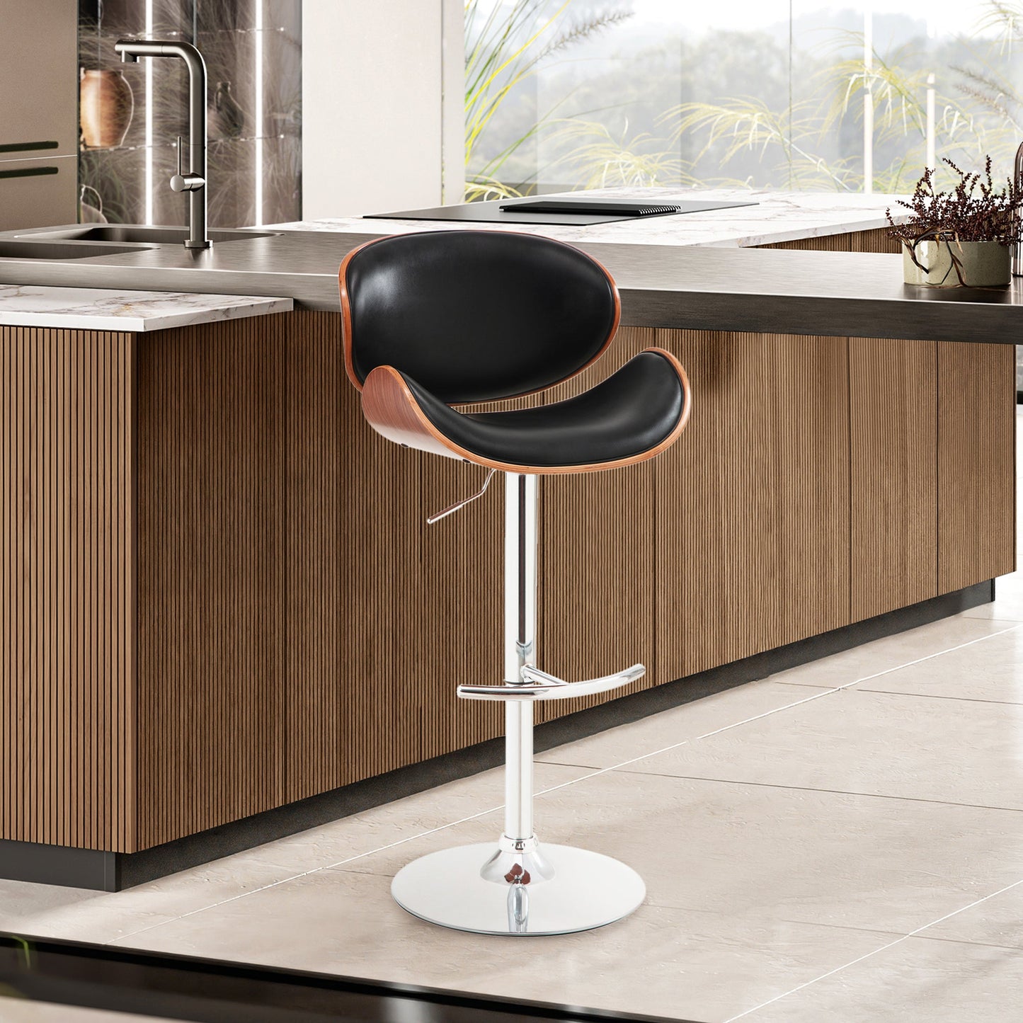 Naples Black Faux Leather Adjustable Height Swivel Walnut Wood and Chrome Base Bar Stool