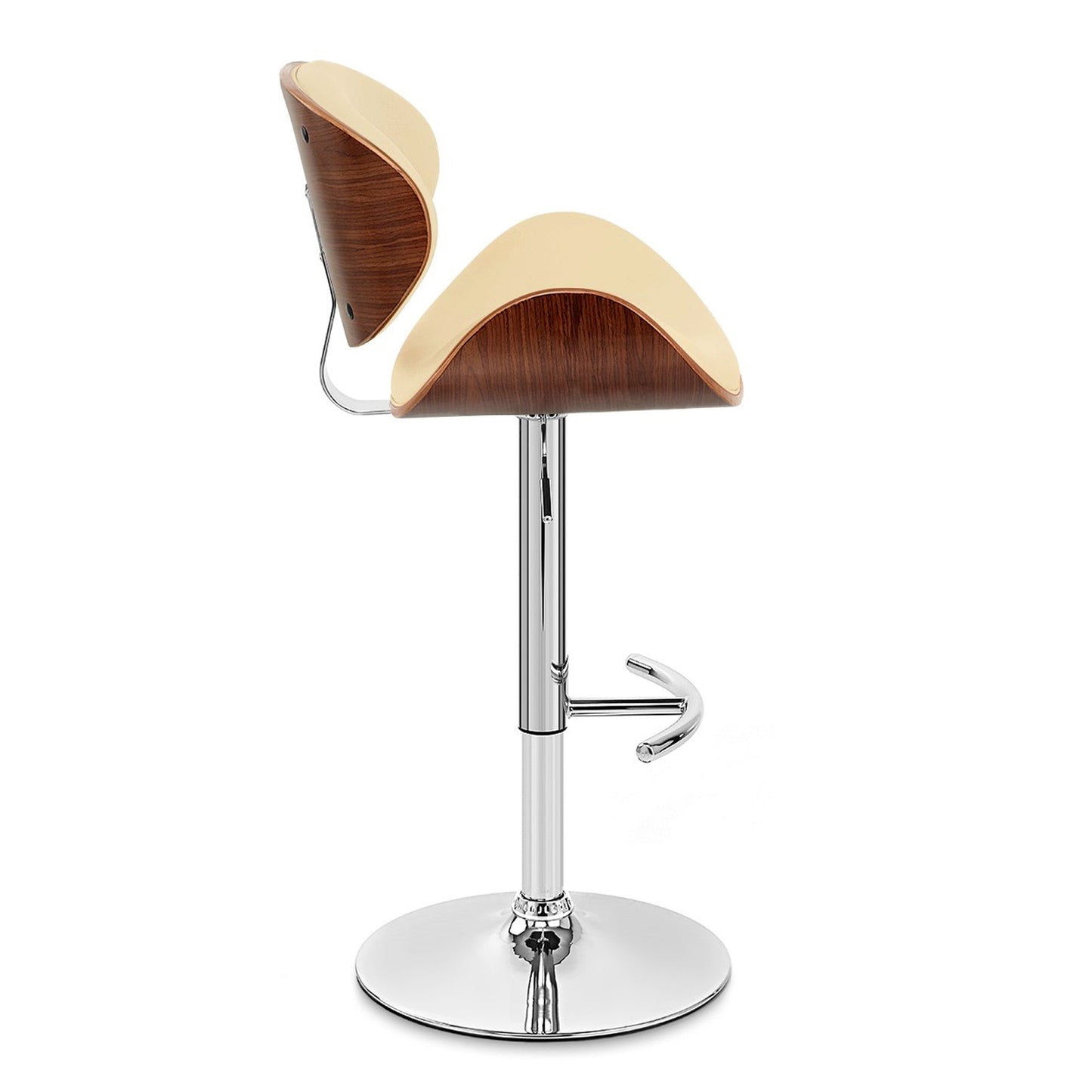 Naples Cream Faux Leather Adjustable Height Swivel Walnut Wood and Chrome Base Bar Stool