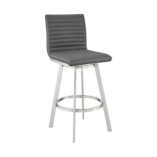 Nikole 30" Bar Height Black Swivel Bar Stool in Brushed Stainless Steel Finish and Gray Faux Leather