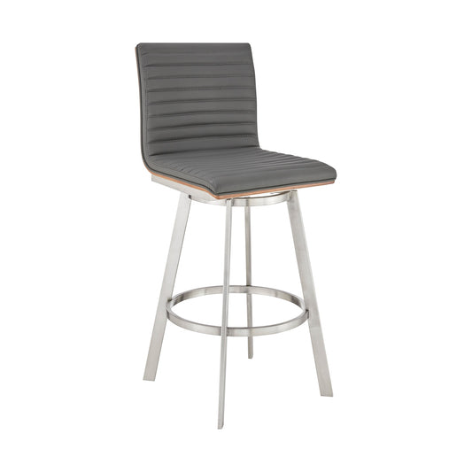 Nikole 30" Bar Height Walnut Swivel Bar Stool in Brushed Stainless Steel Finish and Gray Faux Leather