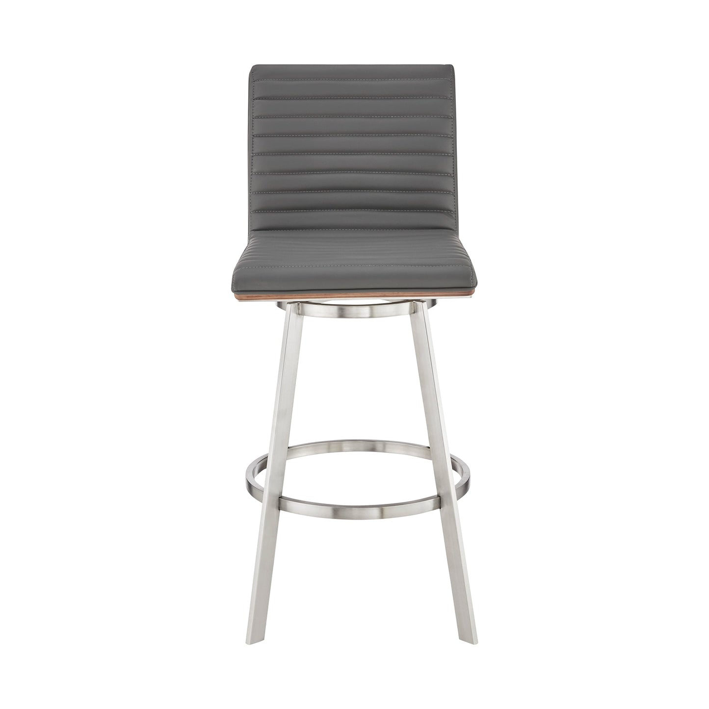 Nikole 30" Bar Height Walnut Swivel Bar Stool in Brushed Stainless Steel Finish and Gray Faux Leather