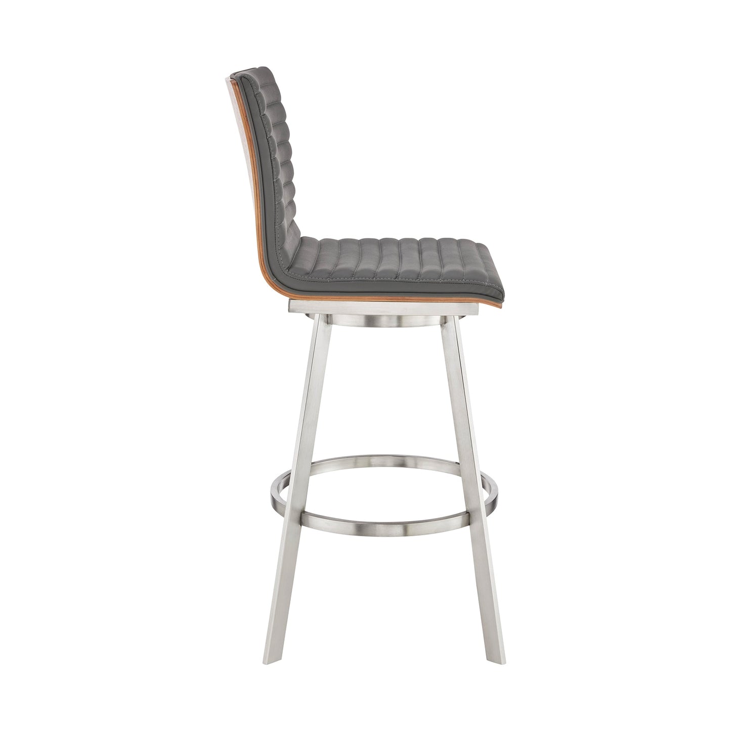 Nikole 30" Bar Height Walnut Swivel Bar Stool in Brushed Stainless Steel Finish and Gray Faux Leather