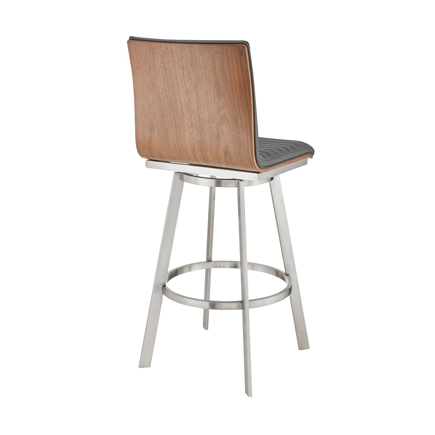 Nikole 30" Bar Height Walnut Swivel Bar Stool in Brushed Stainless Steel Finish and Gray Faux Leather