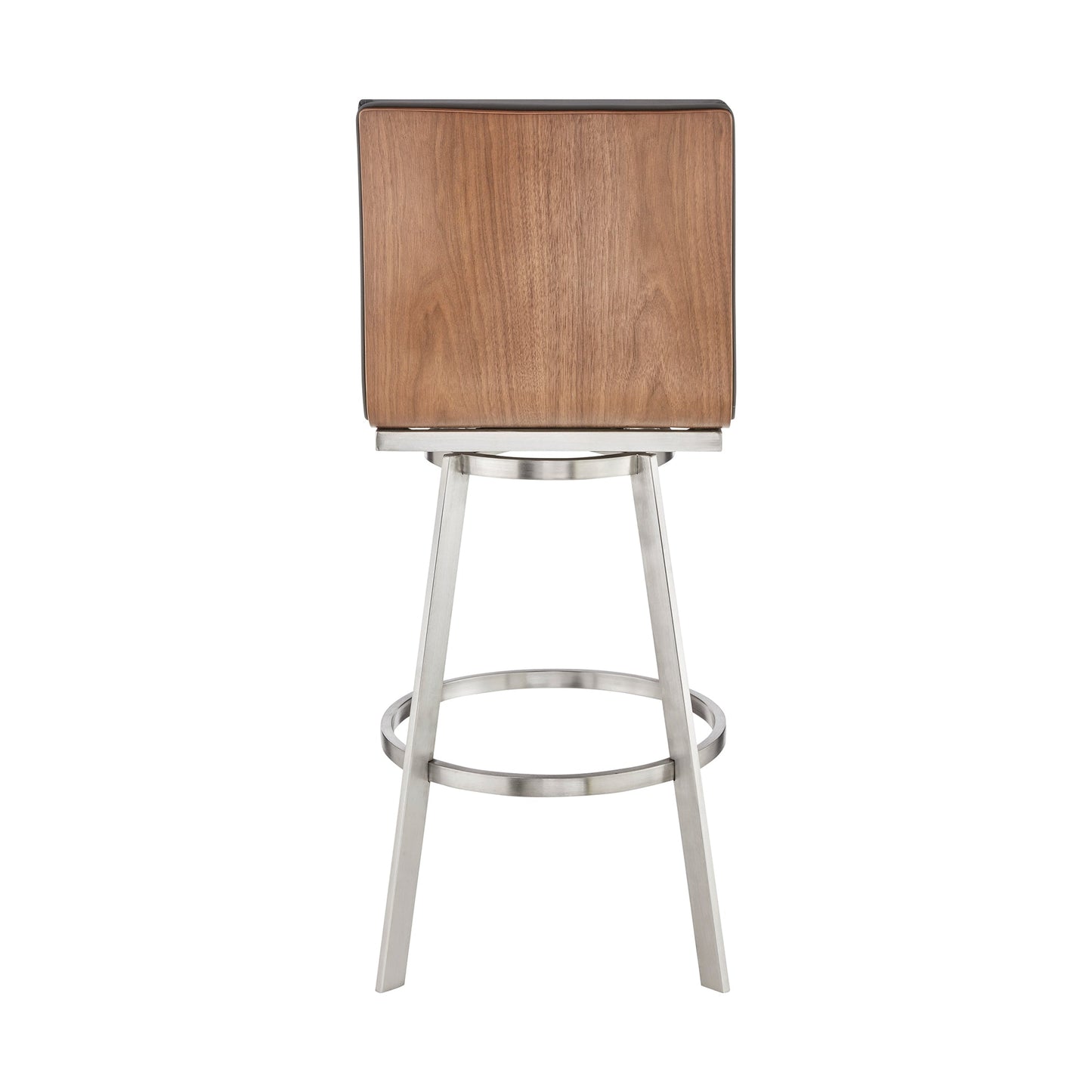 Nikole 30" Bar Height Walnut Swivel Bar Stool in Brushed Stainless Steel Finish and Gray Faux Leather