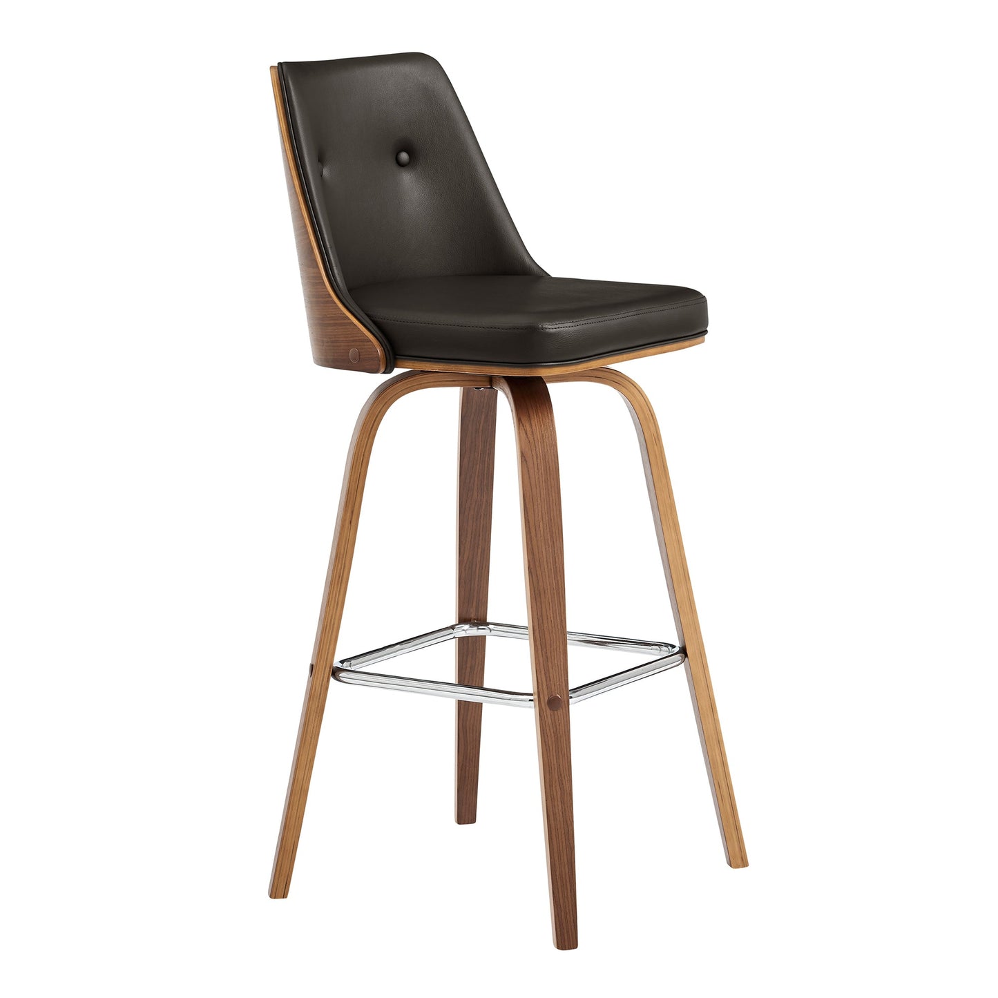 Nolte 30" Swivel Bar Stool in Brown Faux Leather and Walnut Wood