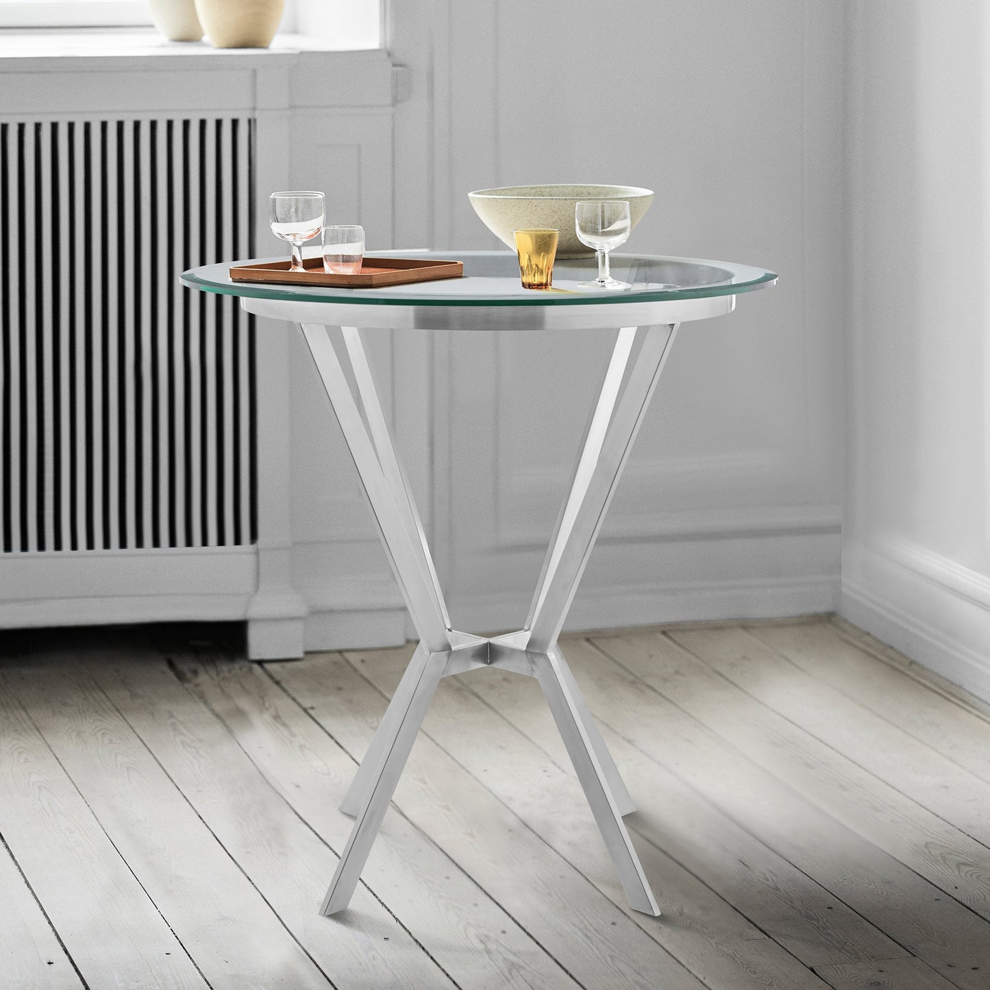 Naomi Round Glass and Brushed Stainless Steel Bar Table