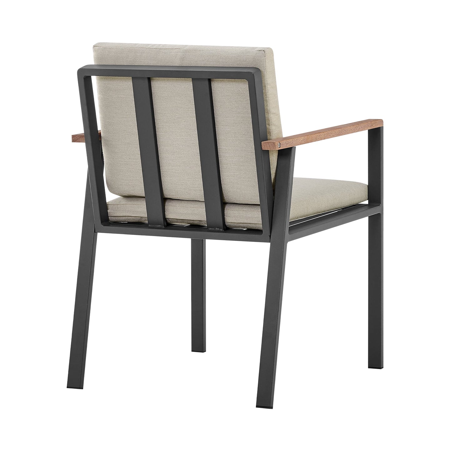 Nofi Outdoor Patio Dining Chair in Charcoal Finish with Taupe Cushions and Teak Wood Accent Arms - Set of 2