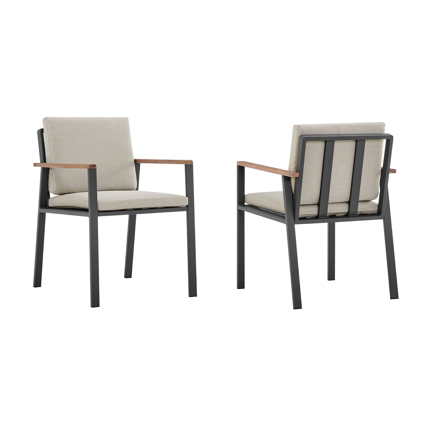 Nofi Outdoor Patio Dining Chair in Charcoal Finish with Taupe Cushions and Teak Wood Accent Arms - Set of 2