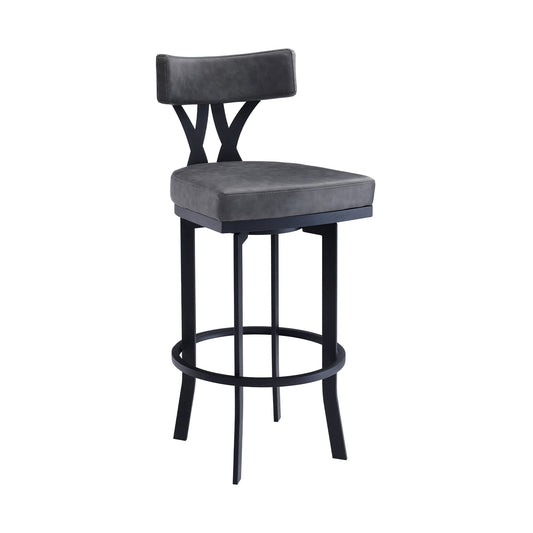 Natalie 26" Counter Height Vintage Gray Faux Leather Upholstery and Black Metal Bar Stool