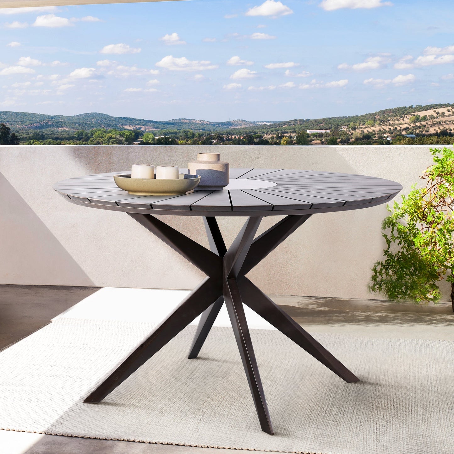 Oasis Outdoor Dark Eucalyptus Wood and Concrete Round Dining Table