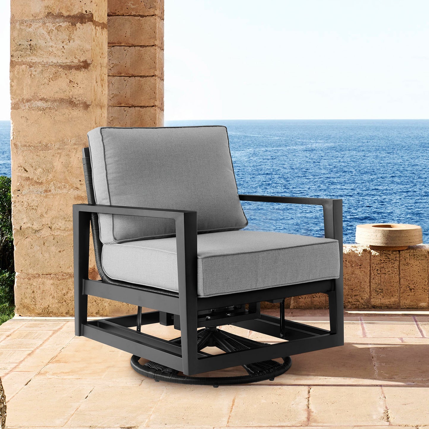 Cayman Black Aluminum Outdoor Swivel Glider Chair with Dark Gray Cushions