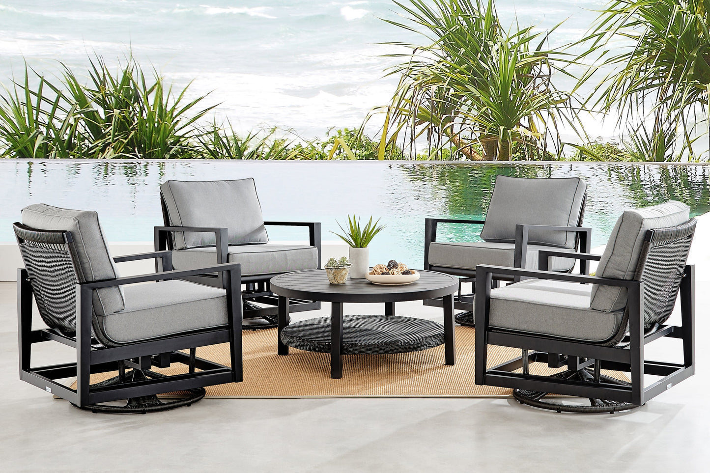 Cayman Black Aluminum Outdoor Swivel Glider Chair with Dark Gray Cushions