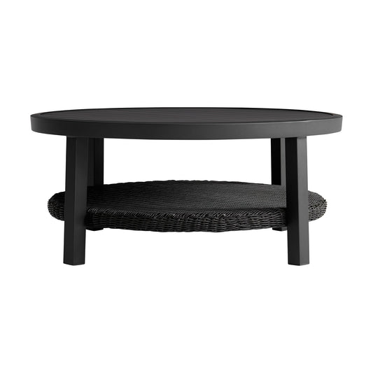 Cayman Black Aluminum Outdoor Round Conversation Table with Wicker Shelf