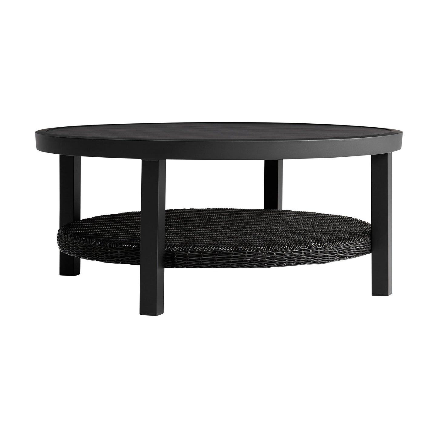 Cayman Black Aluminum Outdoor Round Conversation Table with Wicker Shelf