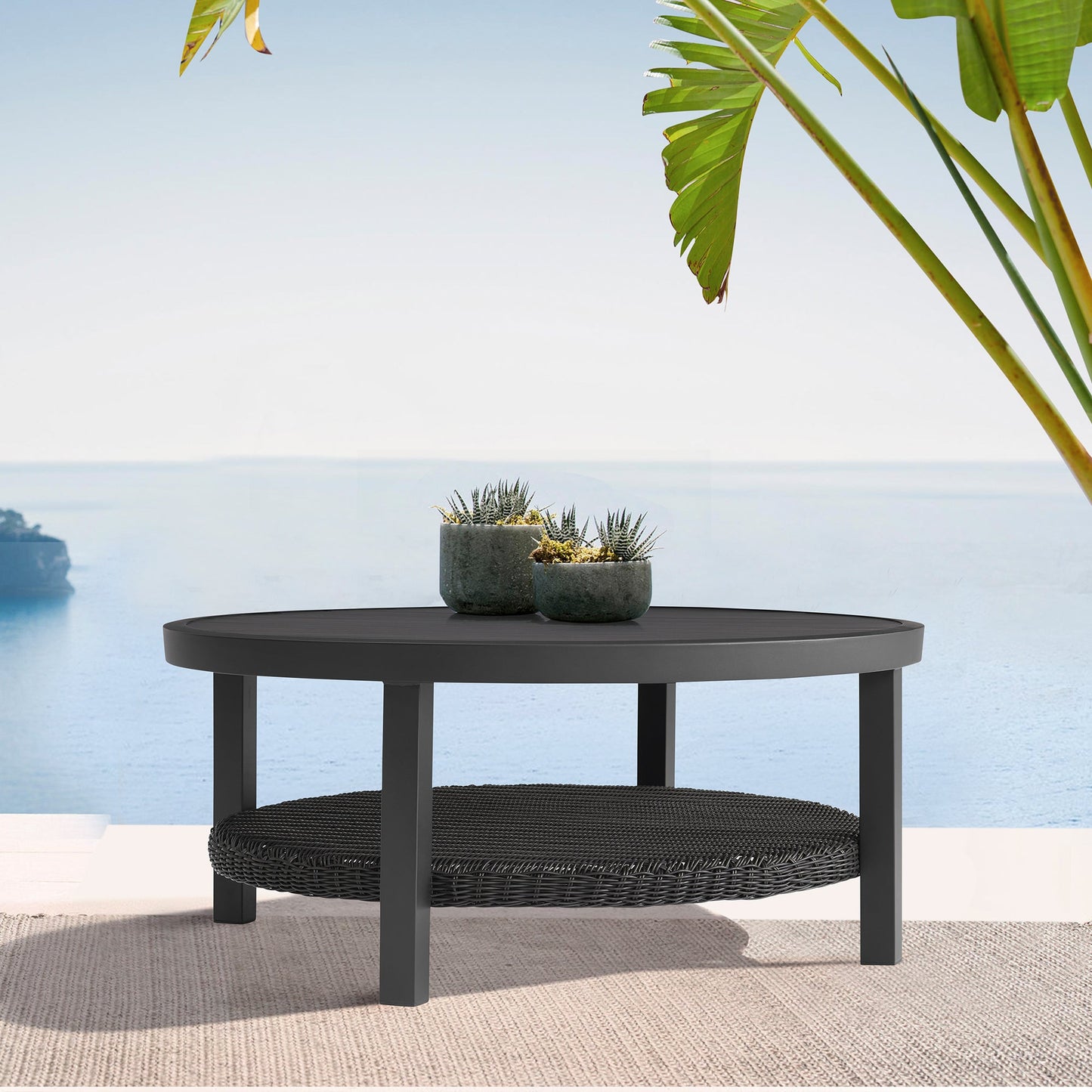 Cayman Black Aluminum Outdoor Round Conversation Table with Wicker Shelf