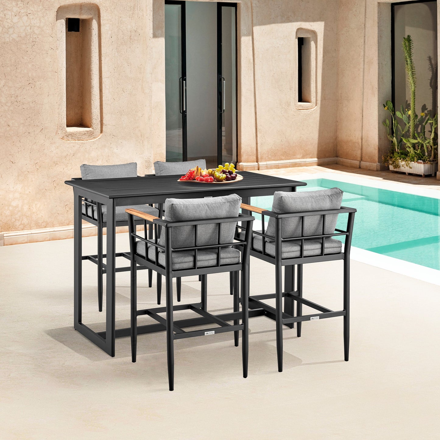 Orlando Outdoor Patio Counter Height Bar Stool in Aluminum and Teak with Gray Cushions