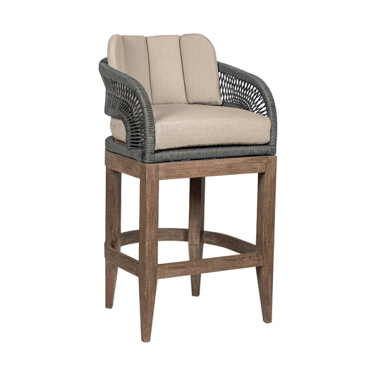 Orbit Outdoor Patio 26" Counter Stool in Weathered Eucalyptus Wood with Gray Rope and Taupe Olefin Cushions