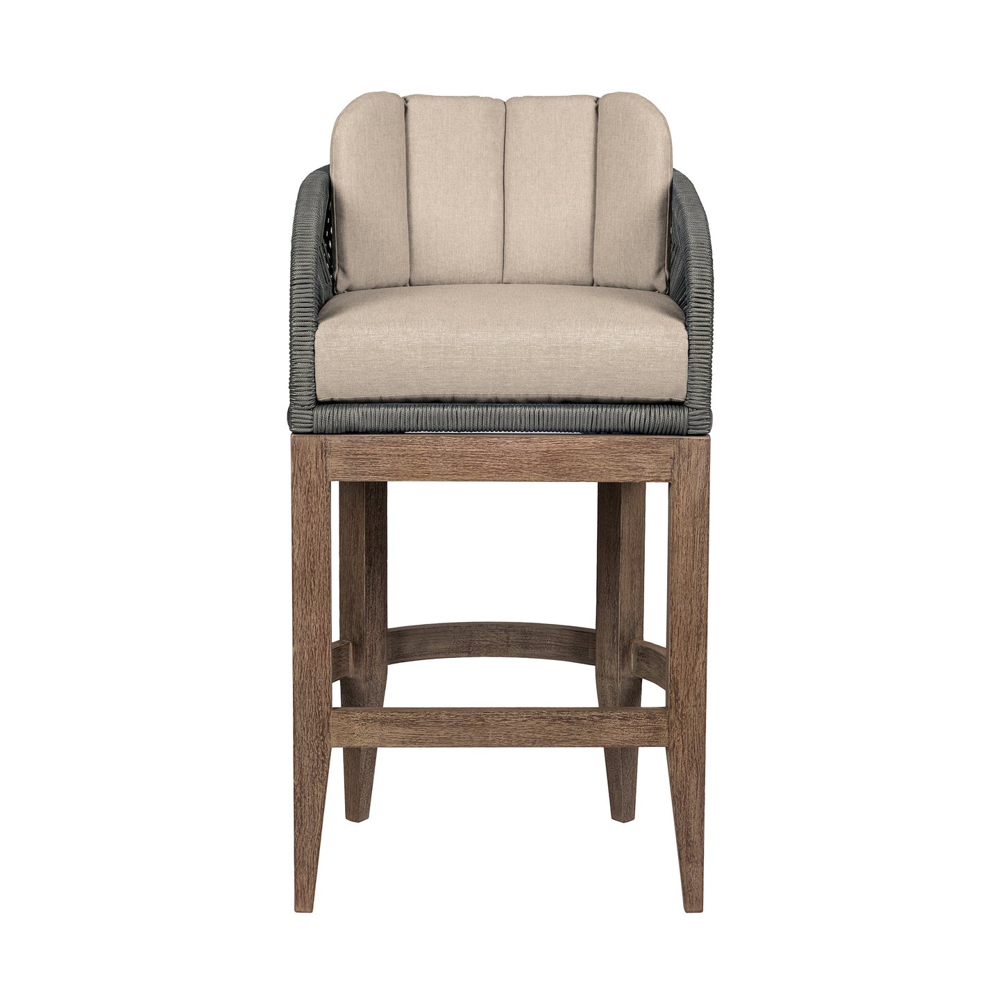 Orbit Outdoor Patio 26" Counter Stool in Weathered Eucalyptus Wood with Gray Rope and Taupe Olefin Cushions