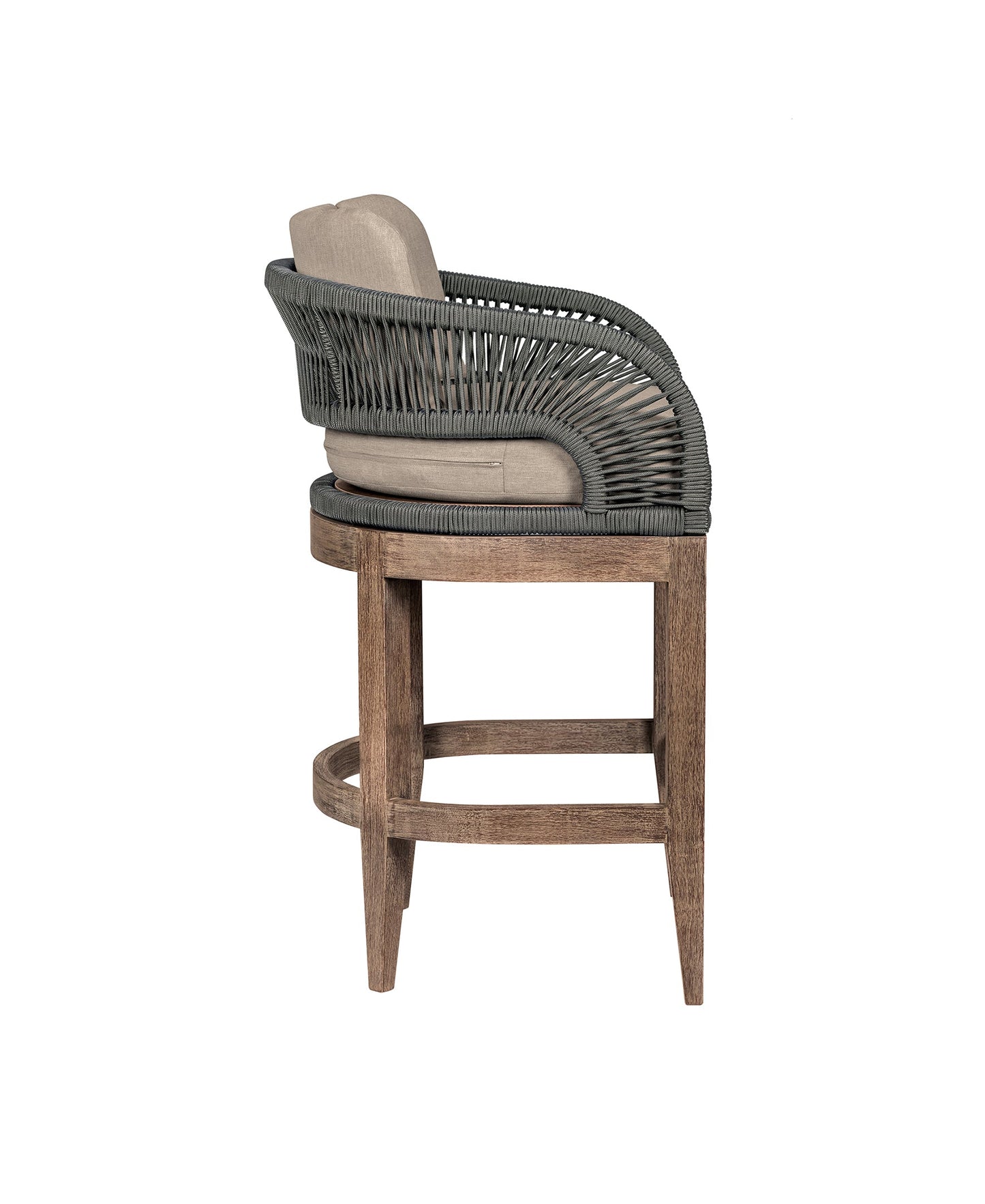 Orbit Outdoor Patio 26" Counter Stool in Weathered Eucalyptus Wood with Gray Rope and Taupe Olefin Cushions