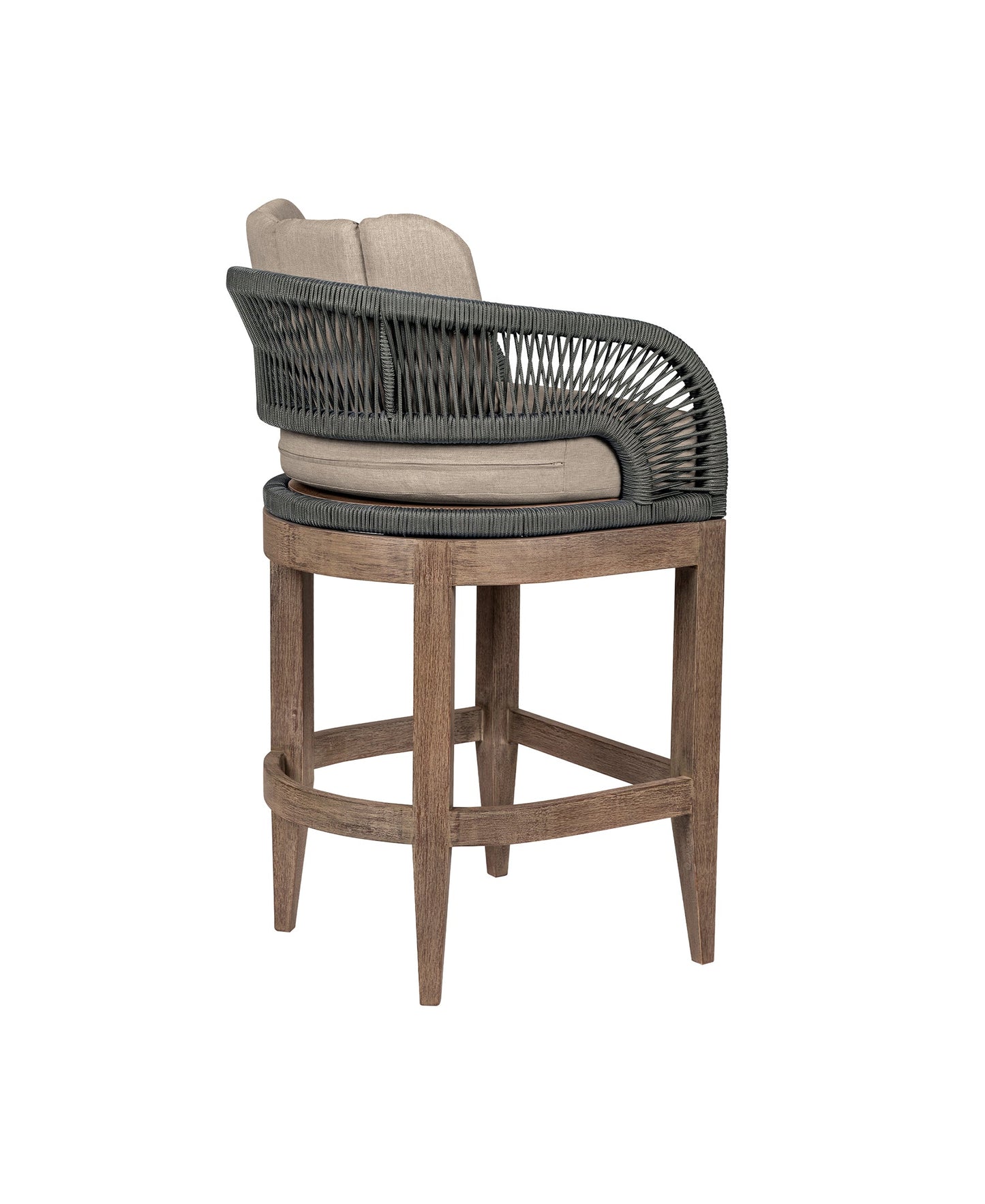 Orbit Outdoor Patio 26" Counter Stool in Weathered Eucalyptus Wood with Gray Rope and Taupe Olefin Cushions