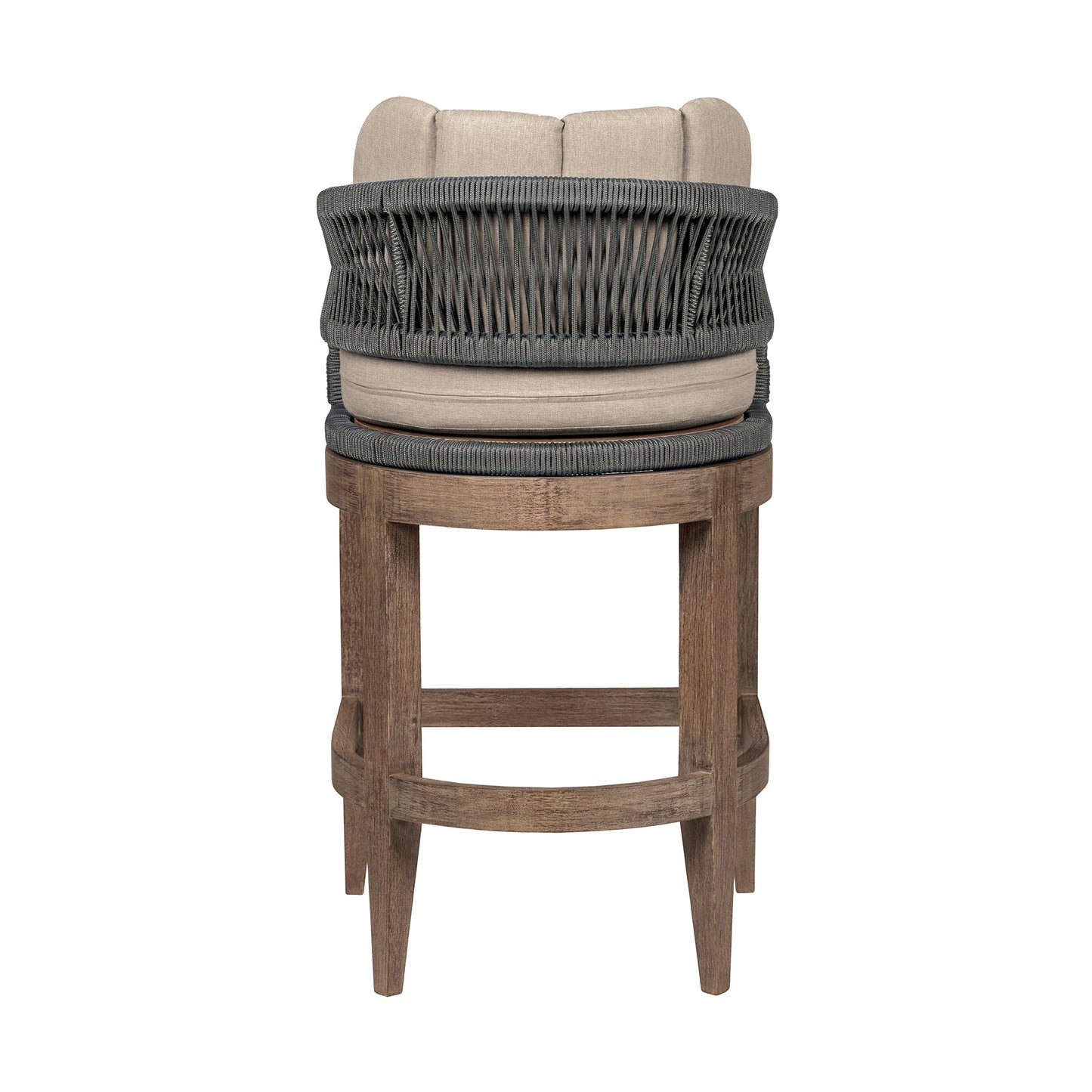 Orbit Outdoor Patio 26" Counter Stool in Weathered Eucalyptus Wood with Gray Rope and Taupe Olefin Cushions