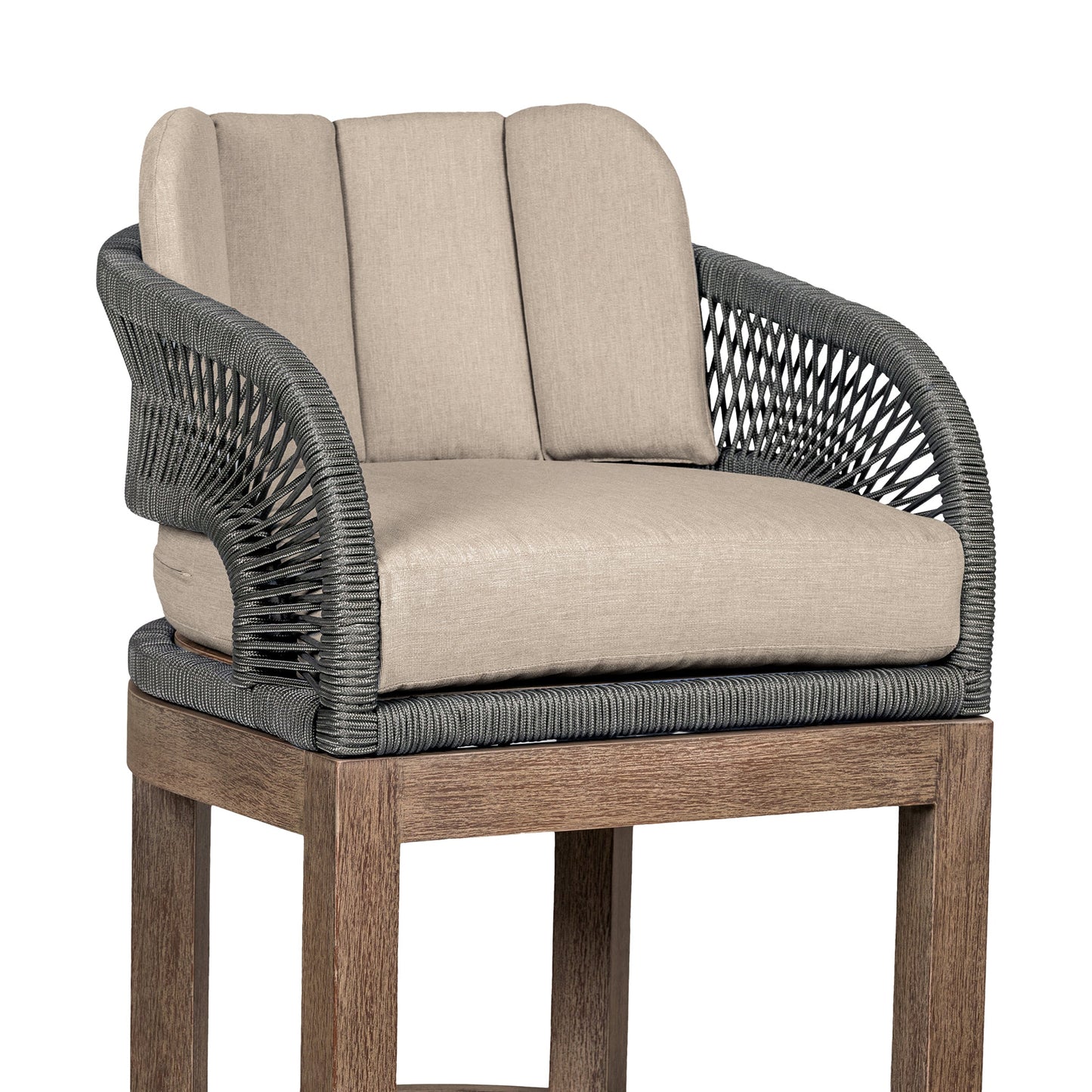 Orbit Outdoor Patio 26" Counter Stool in Weathered Eucalyptus Wood with Gray Rope and Taupe Olefin Cushions