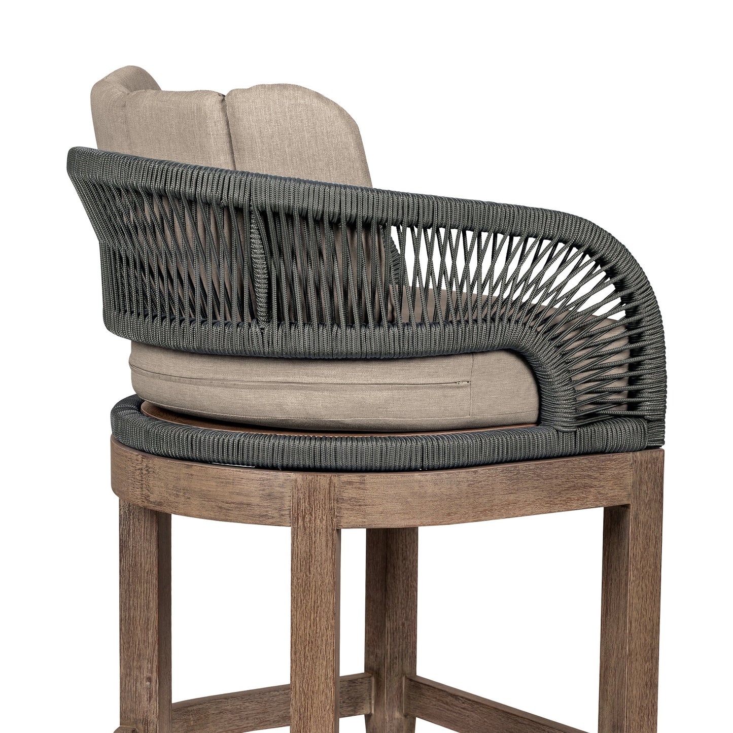 Orbit Outdoor Patio 26" Counter Stool in Weathered Eucalyptus Wood with Gray Rope and Taupe Olefin Cushions