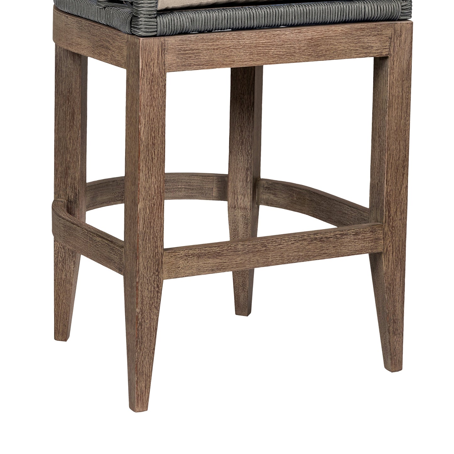 Orbit Outdoor Patio 26" Counter Stool in Weathered Eucalyptus Wood with Gray Rope and Taupe Olefin Cushions