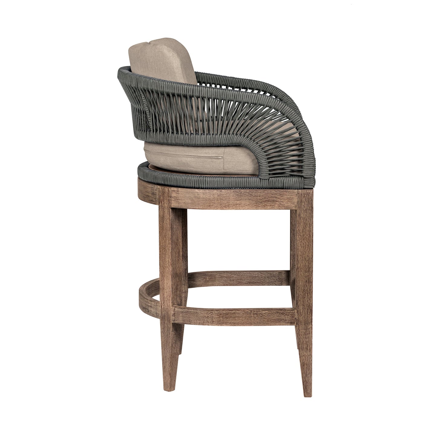 Orbit Outdoor Patio 30" Bar Stool in Weathered Eucalyptus Wood with Gray Rope and Taupe Olefin Cushions