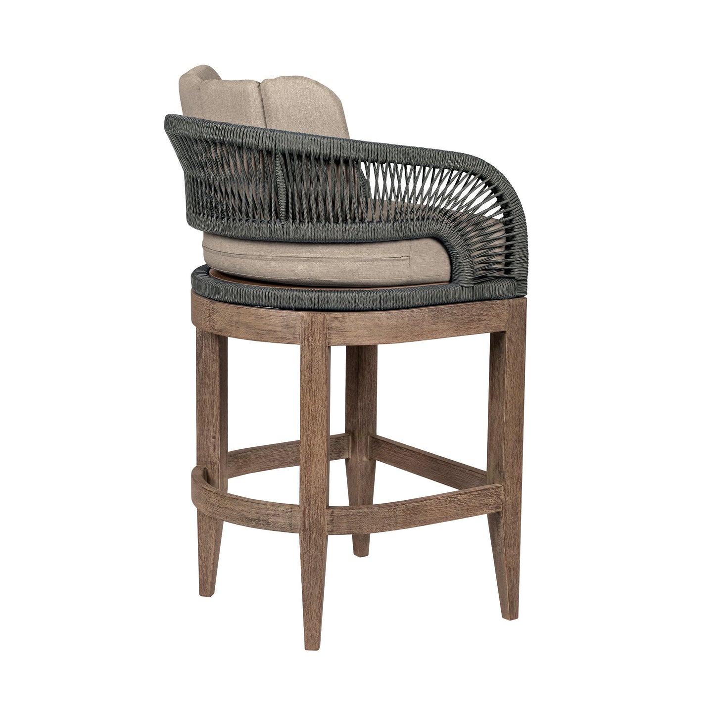 Orbit Outdoor Patio 30" Bar Stool in Weathered Eucalyptus Wood with Gray Rope and Taupe Olefin Cushions