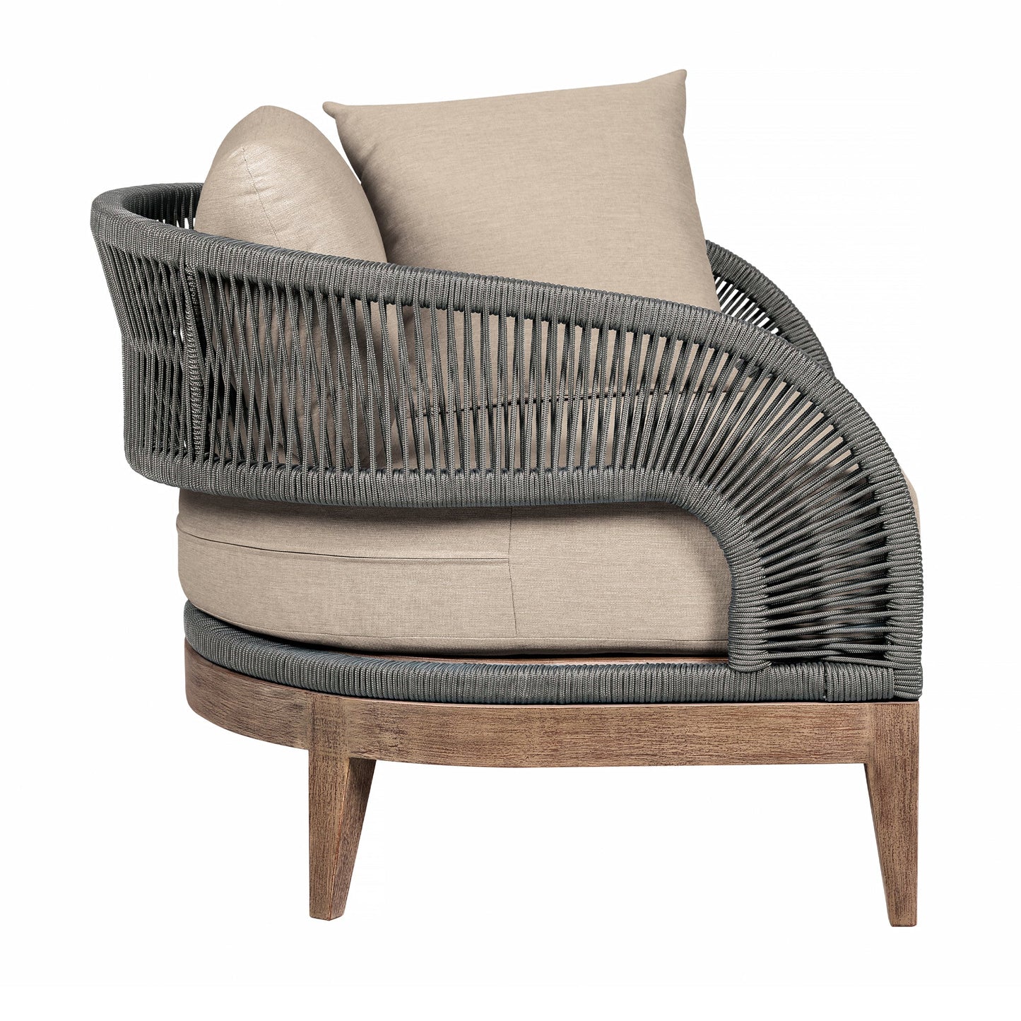 Orbit Outdoor Patio Chair in Weathered Eucalyptus Wood with Gray Rope and Taupe Olefin Cushions