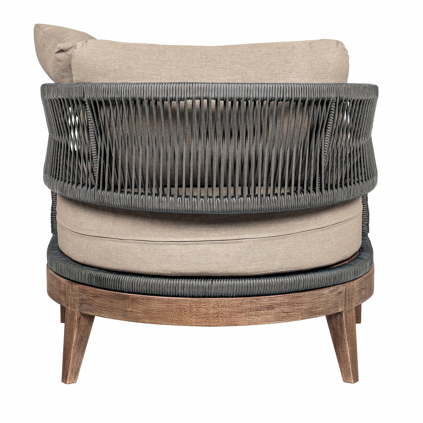 Orbit Outdoor Patio Chair in Weathered Eucalyptus Wood with Gray Rope and Taupe Olefin Cushions