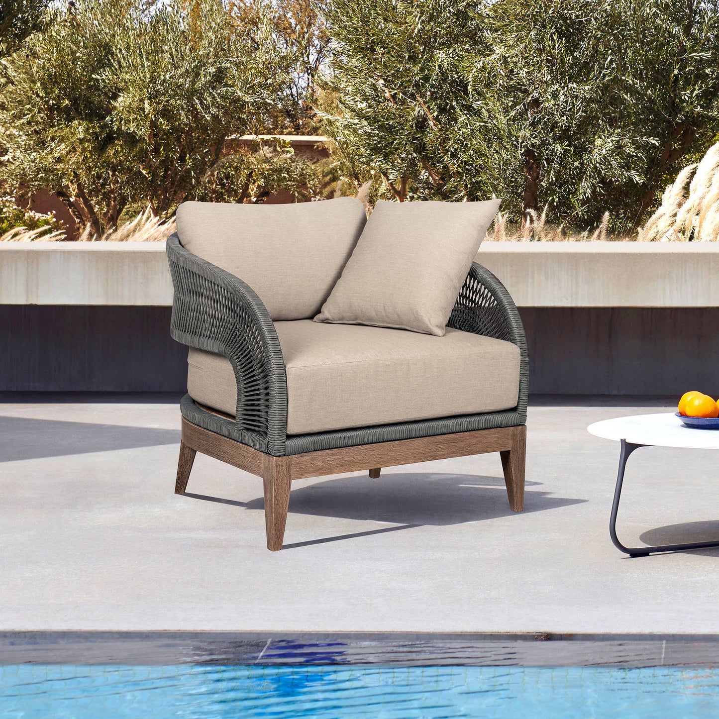 Orbit Outdoor Patio Chair in Weathered Eucalyptus Wood with Gray Rope and Taupe Olefin Cushions