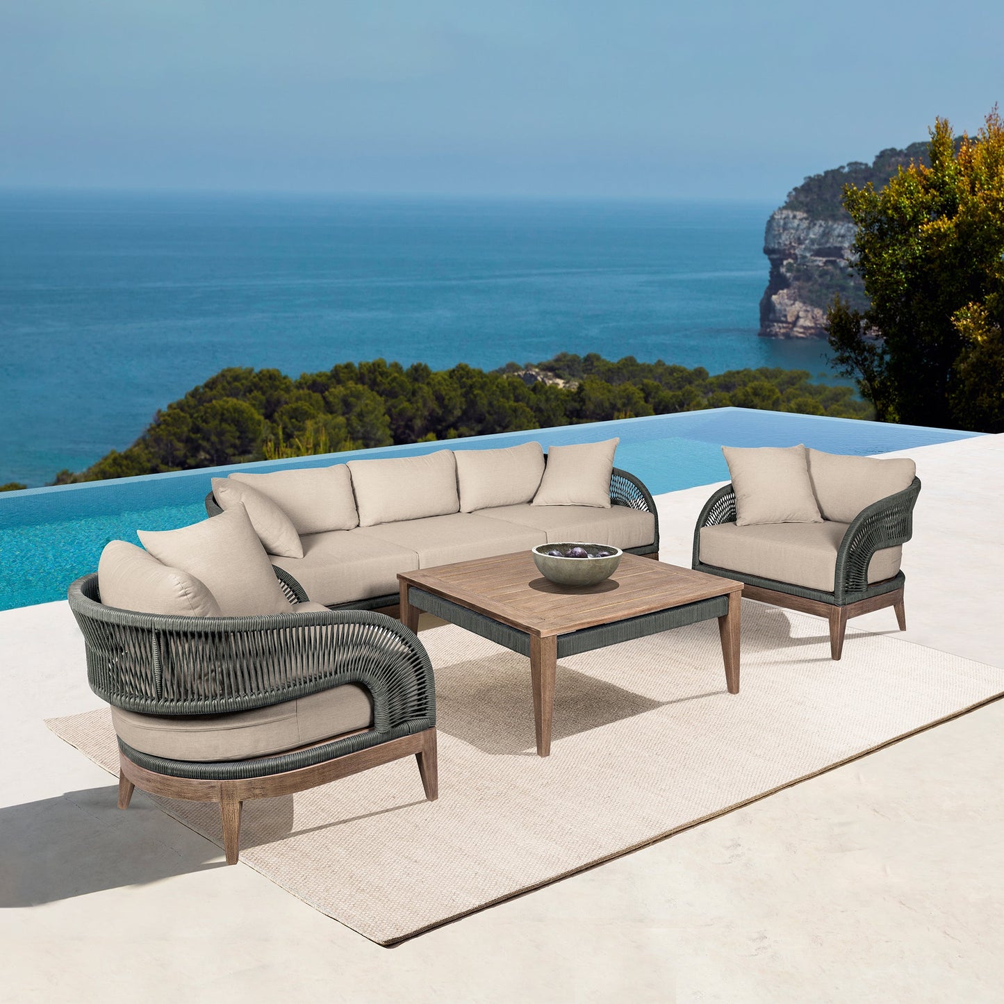 Orbit Outdoor Patio Chair in Weathered Eucalyptus Wood with Gray Rope and Taupe Olefin Cushions