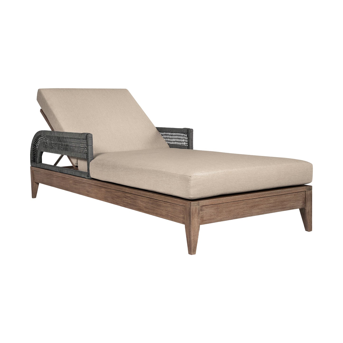 Orbit Outdoor Patio Chaise Lounge Chair in Weathered Eucalyptus Wood with Gray Rope and Taupe Olefin Cushions