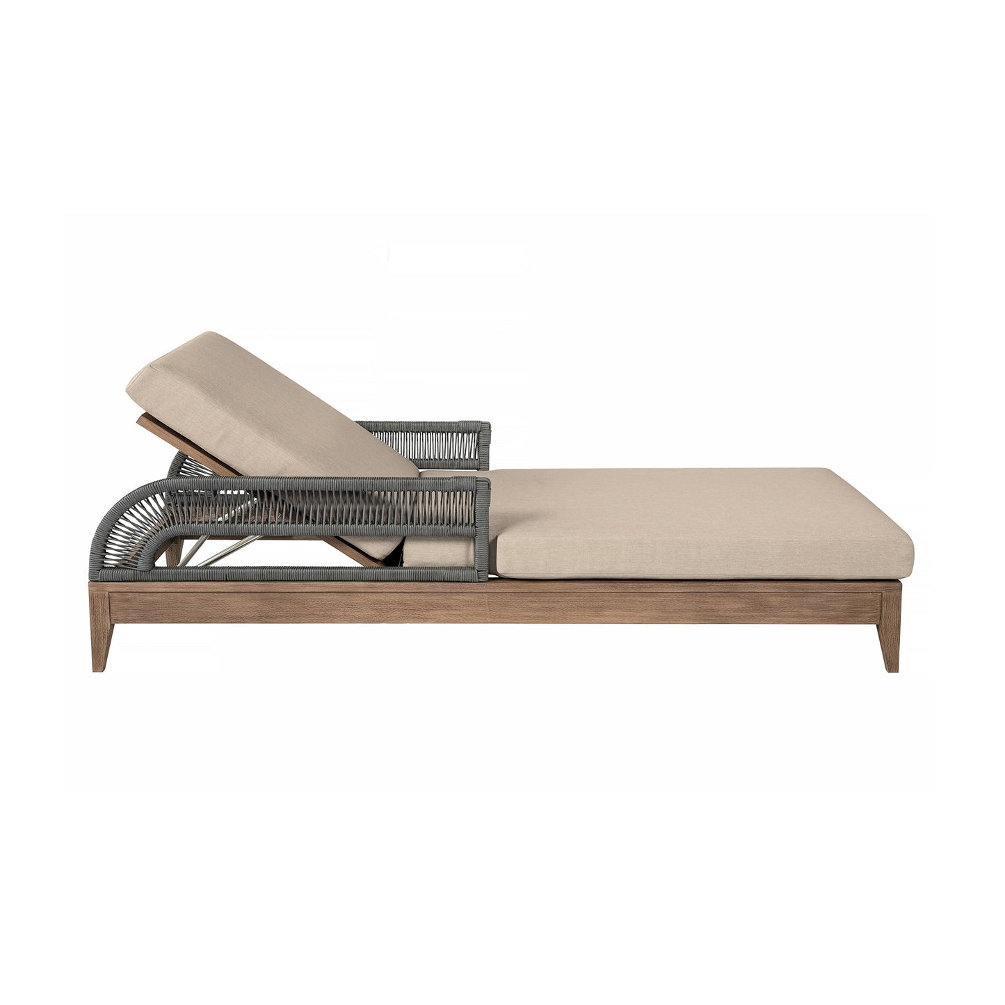 Orbit Outdoor Patio Chaise Lounge Chair in Weathered Eucalyptus Wood with Gray Rope and Taupe Olefin Cushions