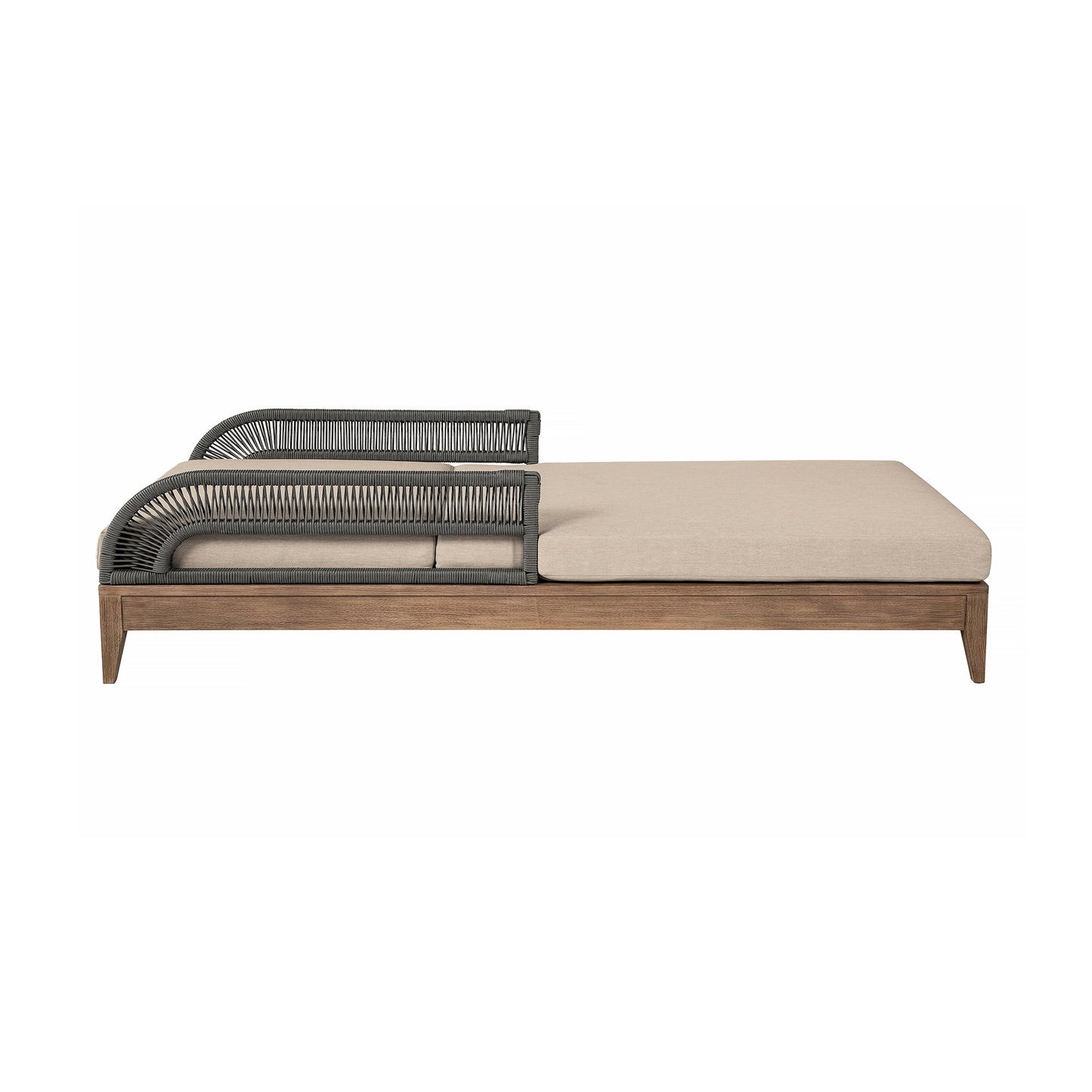 Orbit Outdoor Patio Chaise Lounge Chair in Weathered Eucalyptus Wood with Gray Rope and Taupe Olefin Cushions