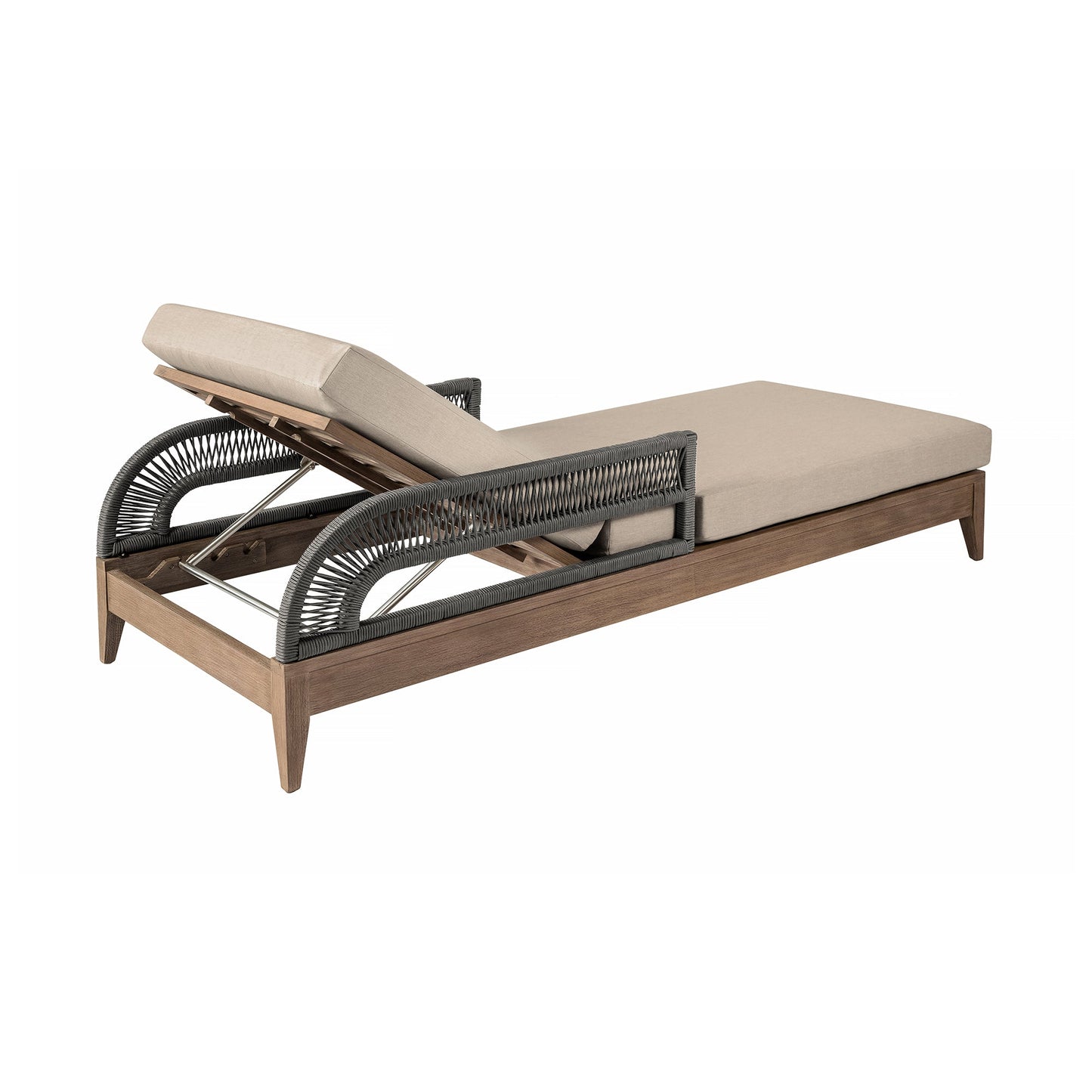 Orbit Outdoor Patio Chaise Lounge Chair in Weathered Eucalyptus Wood with Gray Rope and Taupe Olefin Cushions