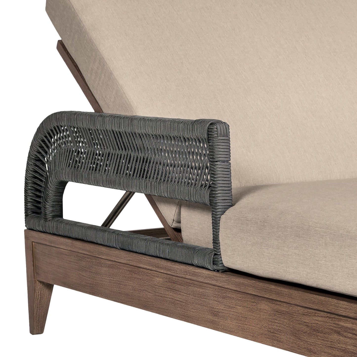 Orbit Outdoor Patio Chaise Lounge Chair in Weathered Eucalyptus Wood with Gray Rope and Taupe Olefin Cushions