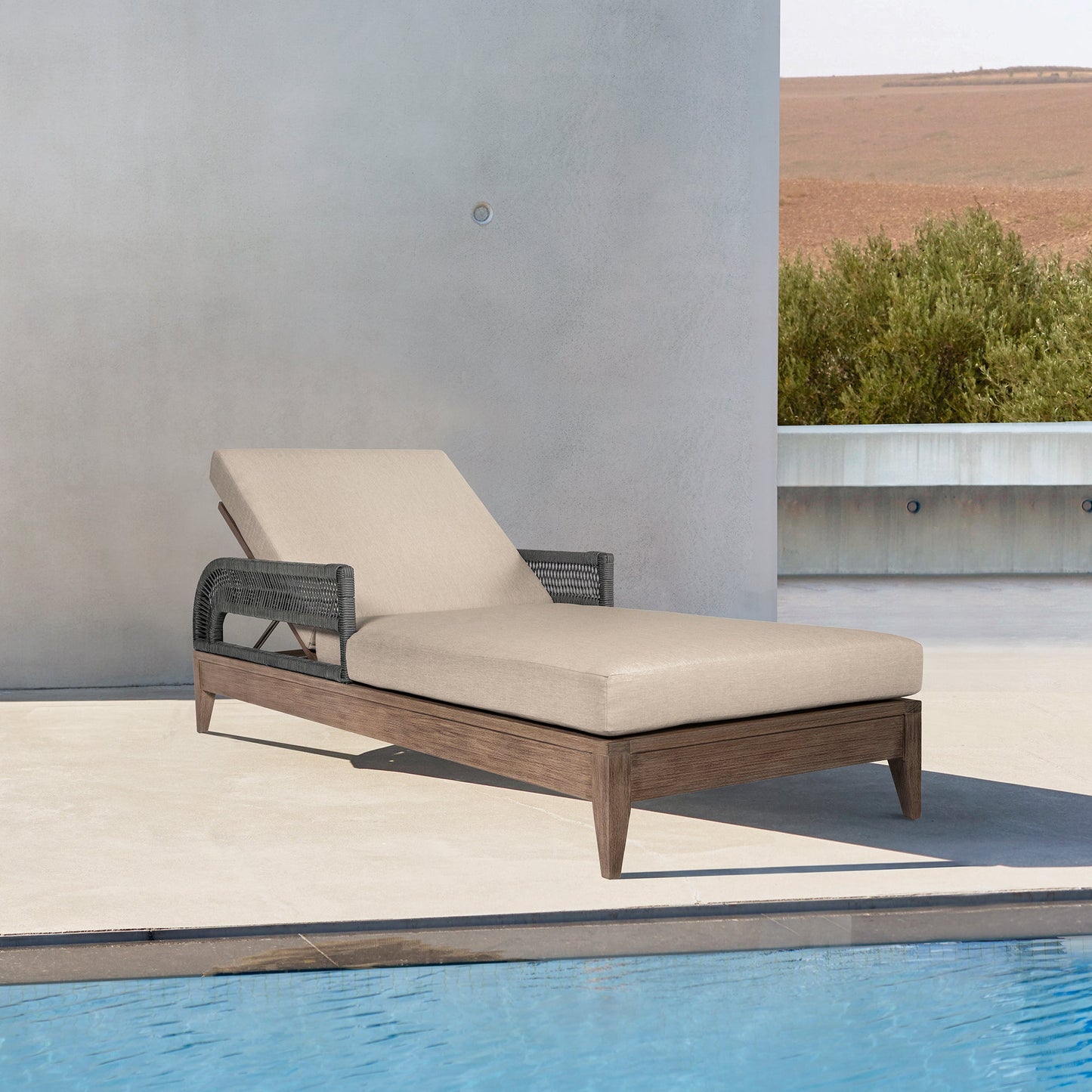 Orbit Outdoor Patio Chaise Lounge Chair in Weathered Eucalyptus Wood with Gray Rope and Taupe Olefin Cushions