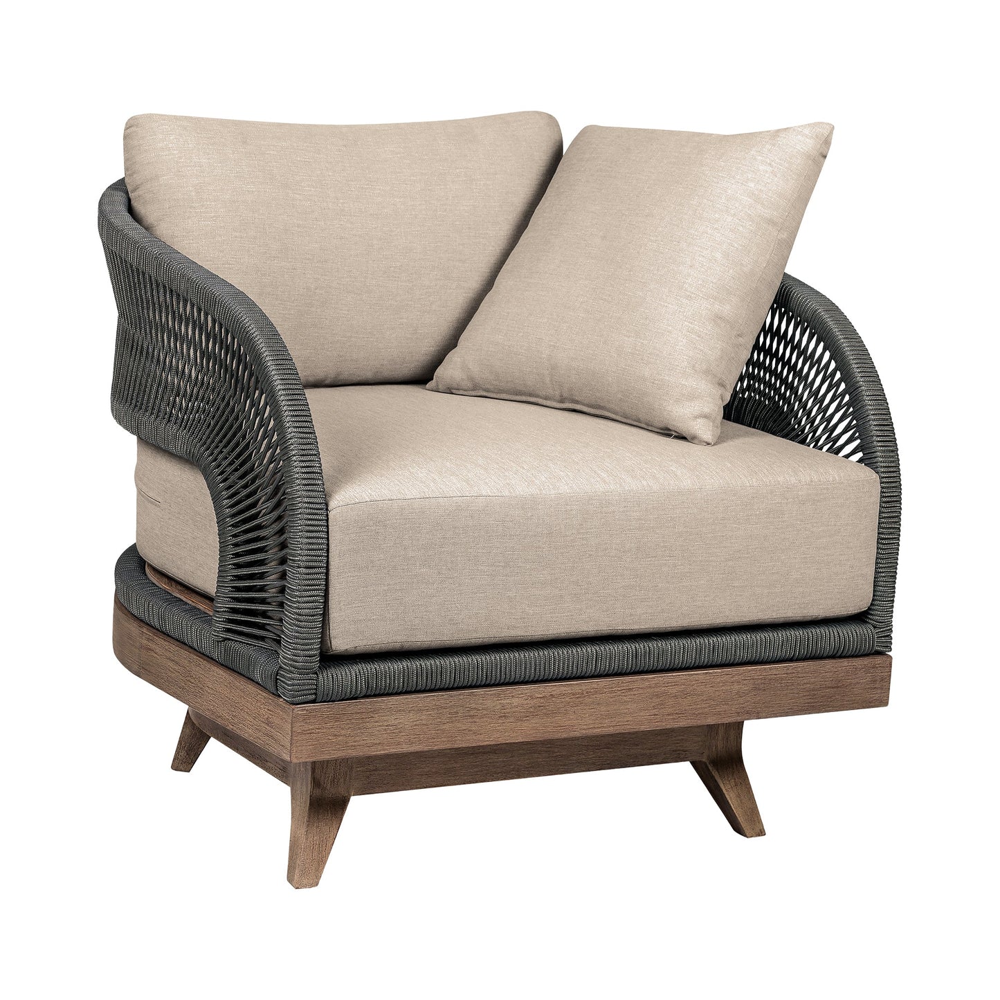 Orbit Swivel Outdoor Patio Chair in Weathered Eucalyptus Wood with Gray Rope and Taupe Olefin Cushions