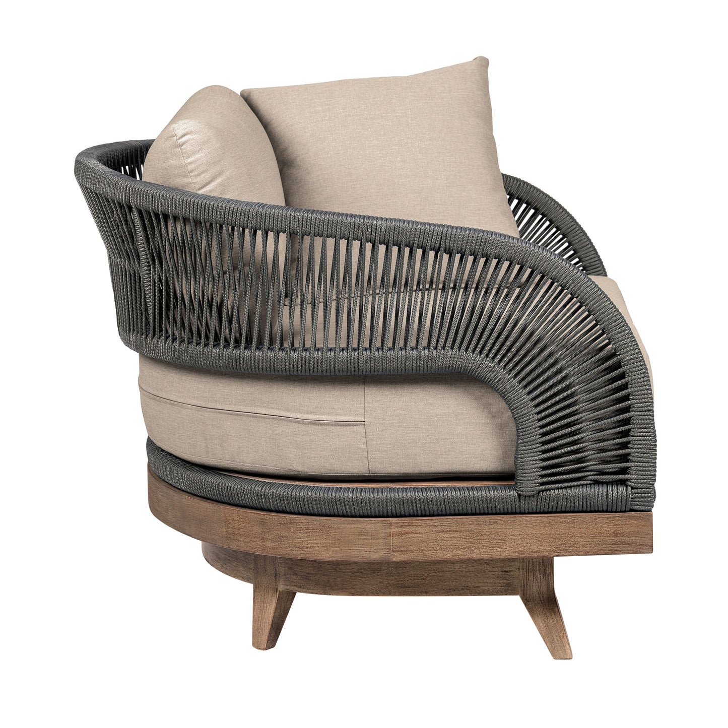 Orbit Swivel Outdoor Patio Chair in Weathered Eucalyptus Wood with Gray Rope and Taupe Olefin Cushions