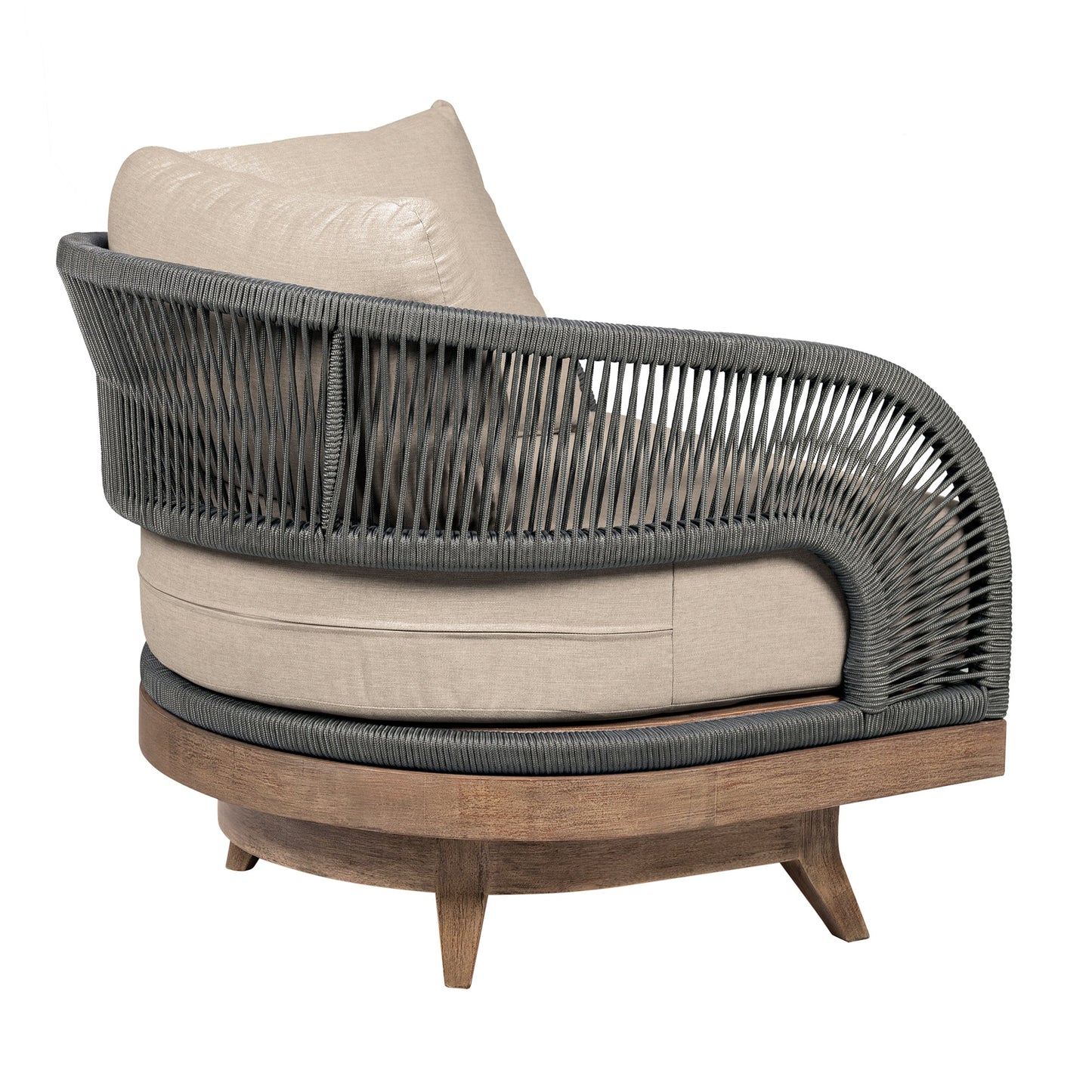 Orbit Swivel Outdoor Patio Chair in Weathered Eucalyptus Wood with Gray Rope and Taupe Olefin Cushions