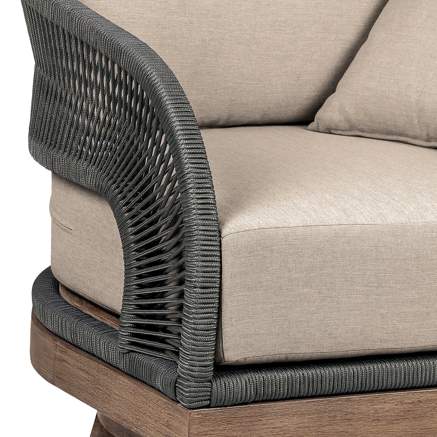 Orbit Swivel Outdoor Patio Chair in Weathered Eucalyptus Wood with Gray Rope and Taupe Olefin Cushions