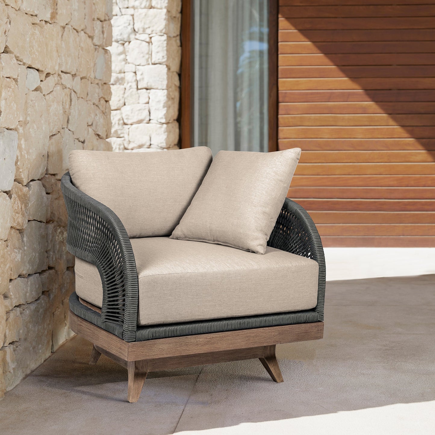 Orbit Swivel Outdoor Patio Chair in Weathered Eucalyptus Wood with Gray Rope and Taupe Olefin Cushions