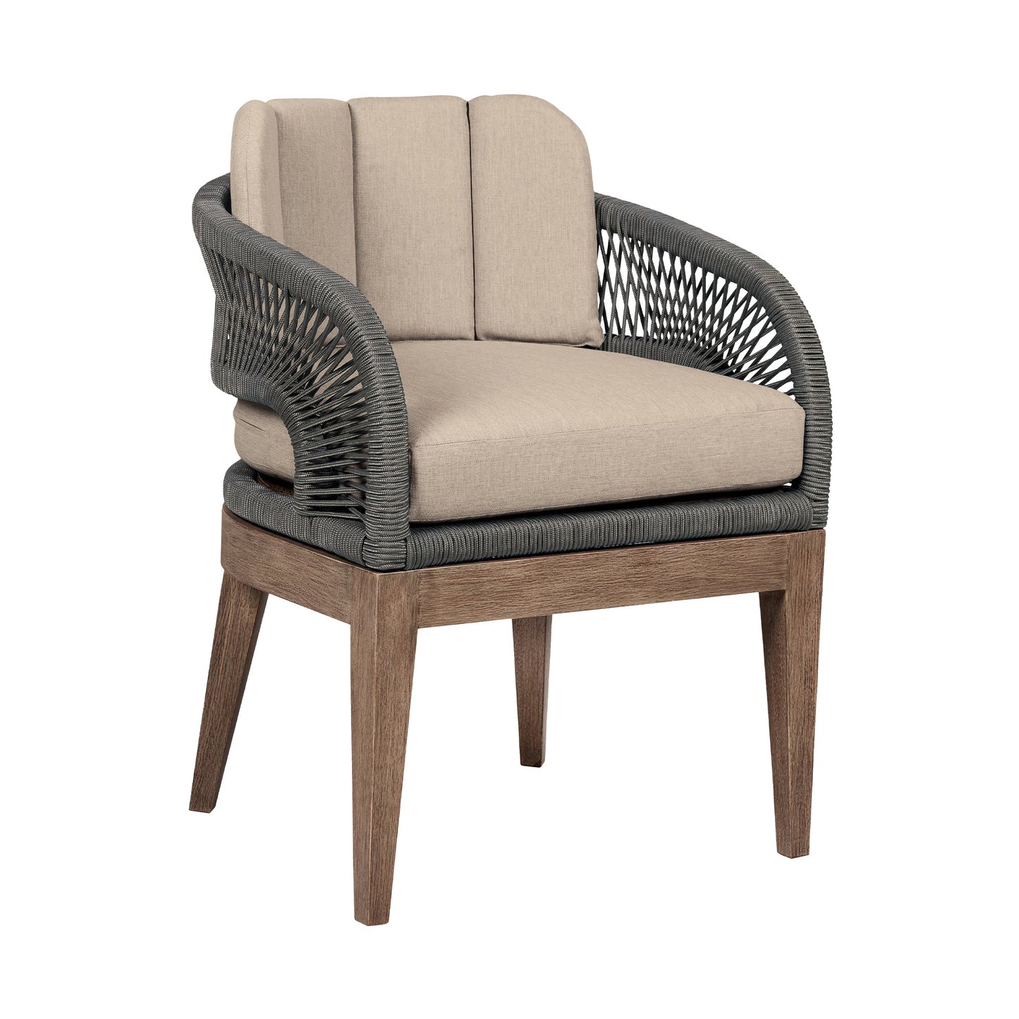 Orbit Outdoor Patio Dining Chair in Weathered Eucalyptus Wood with Gray Rope and Taupe Olefin Cushions