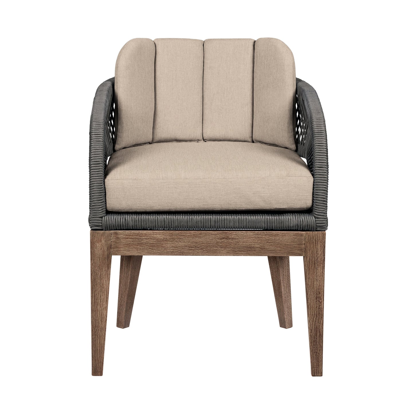 Orbit Outdoor Patio Dining Chair in Weathered Eucalyptus Wood with Gray Rope and Taupe Olefin Cushions