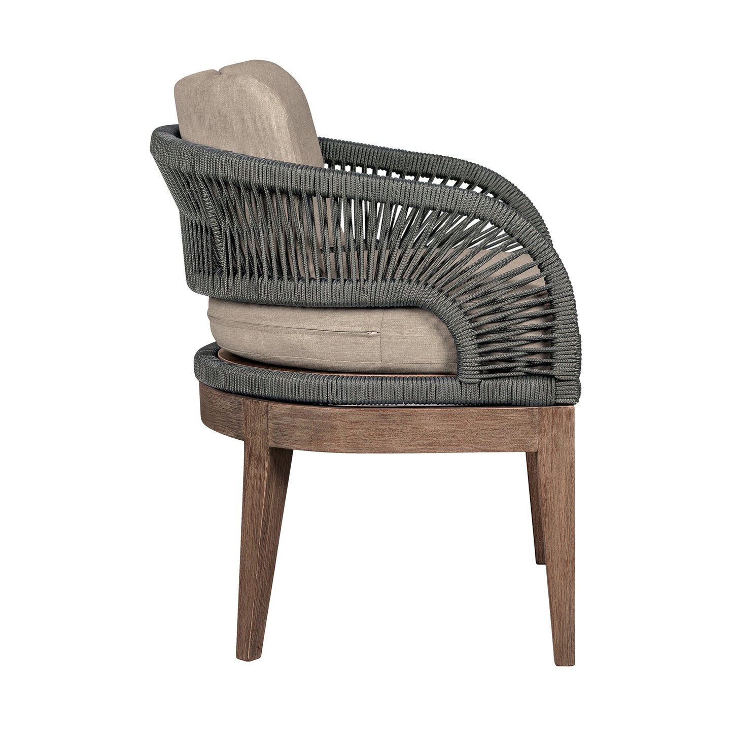 Orbit Outdoor Patio Dining Chair in Weathered Eucalyptus Wood with Gray Rope and Taupe Olefin Cushions